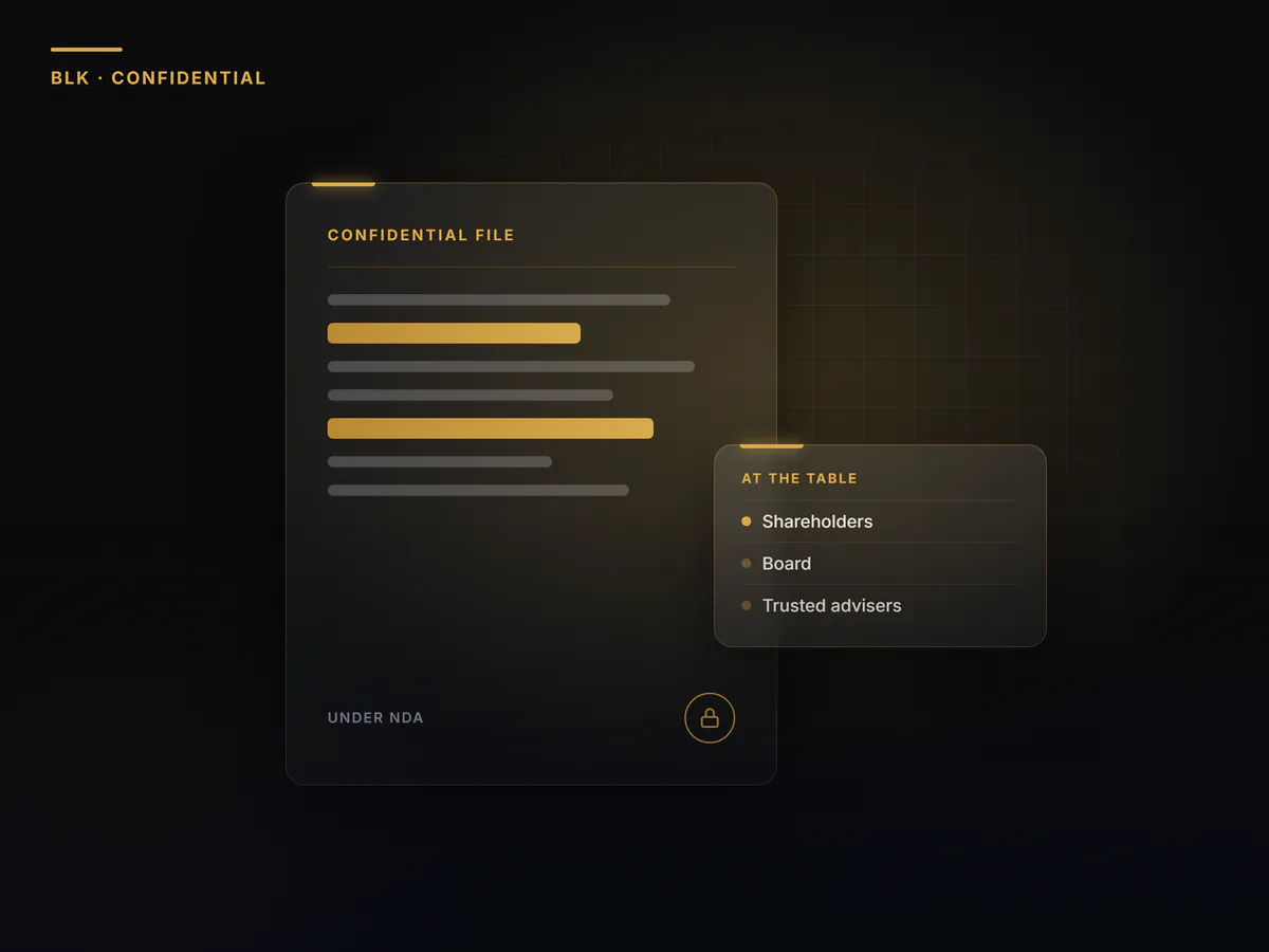 Black and gold illustration. A confidential folder on the table, with the lines blacked out.