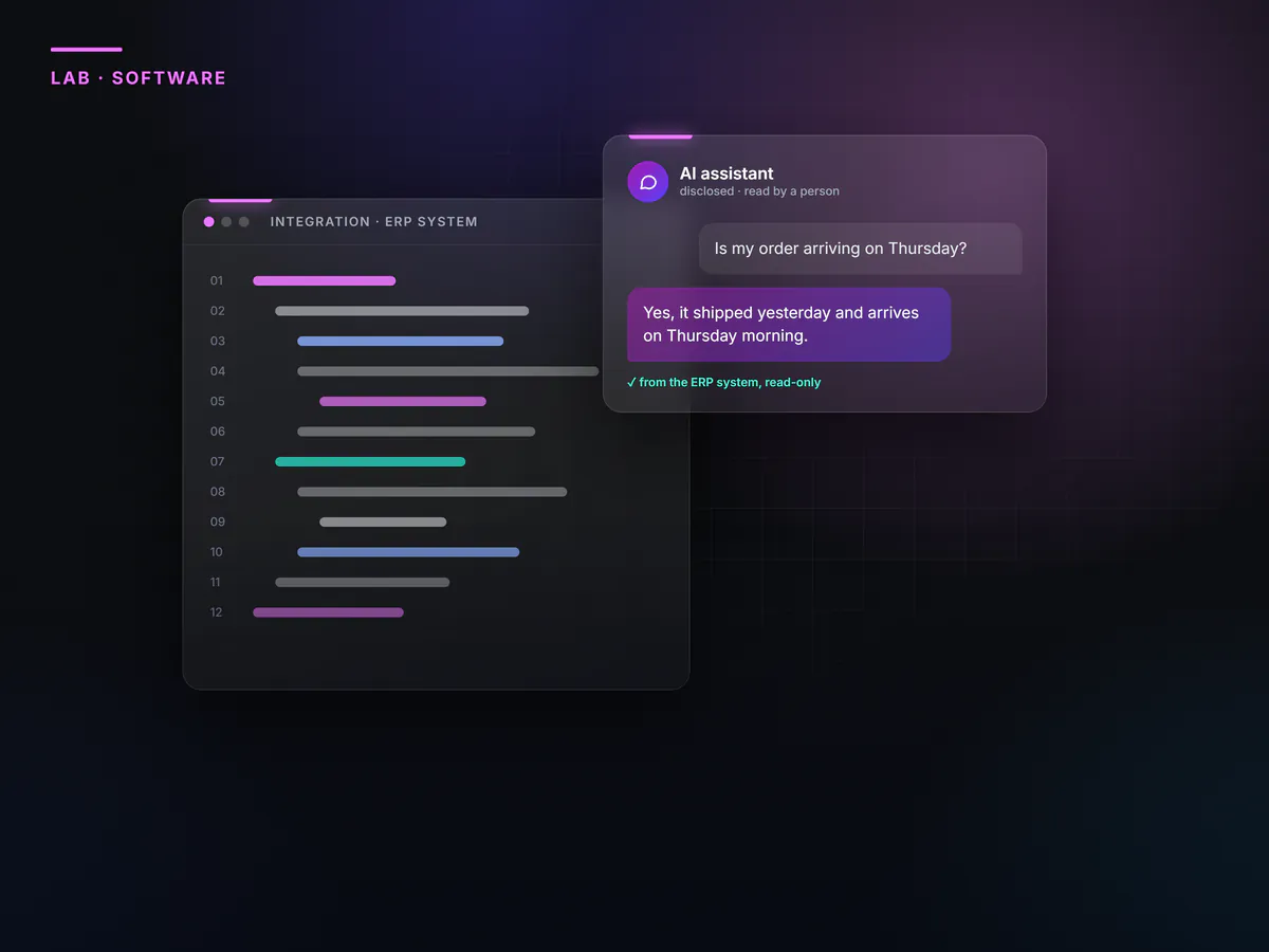 Graphic: an integration with the ERP and an AI assistant, clearly labelled as AI, answering a question about the status of an order from the ERP in read-only mode