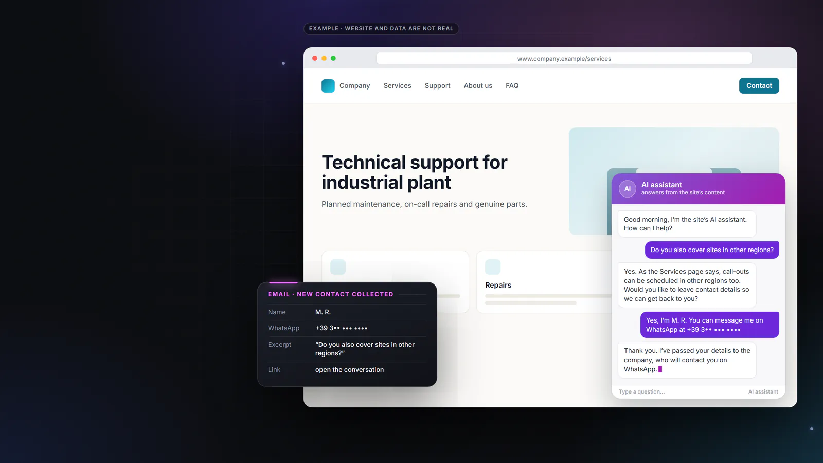 Illustration of the Autochatter interface: on a sample WordPress site, the chat answers a question about services and the visitor leaves a WhatsApp number. Alongside it, the email alert for the new contact