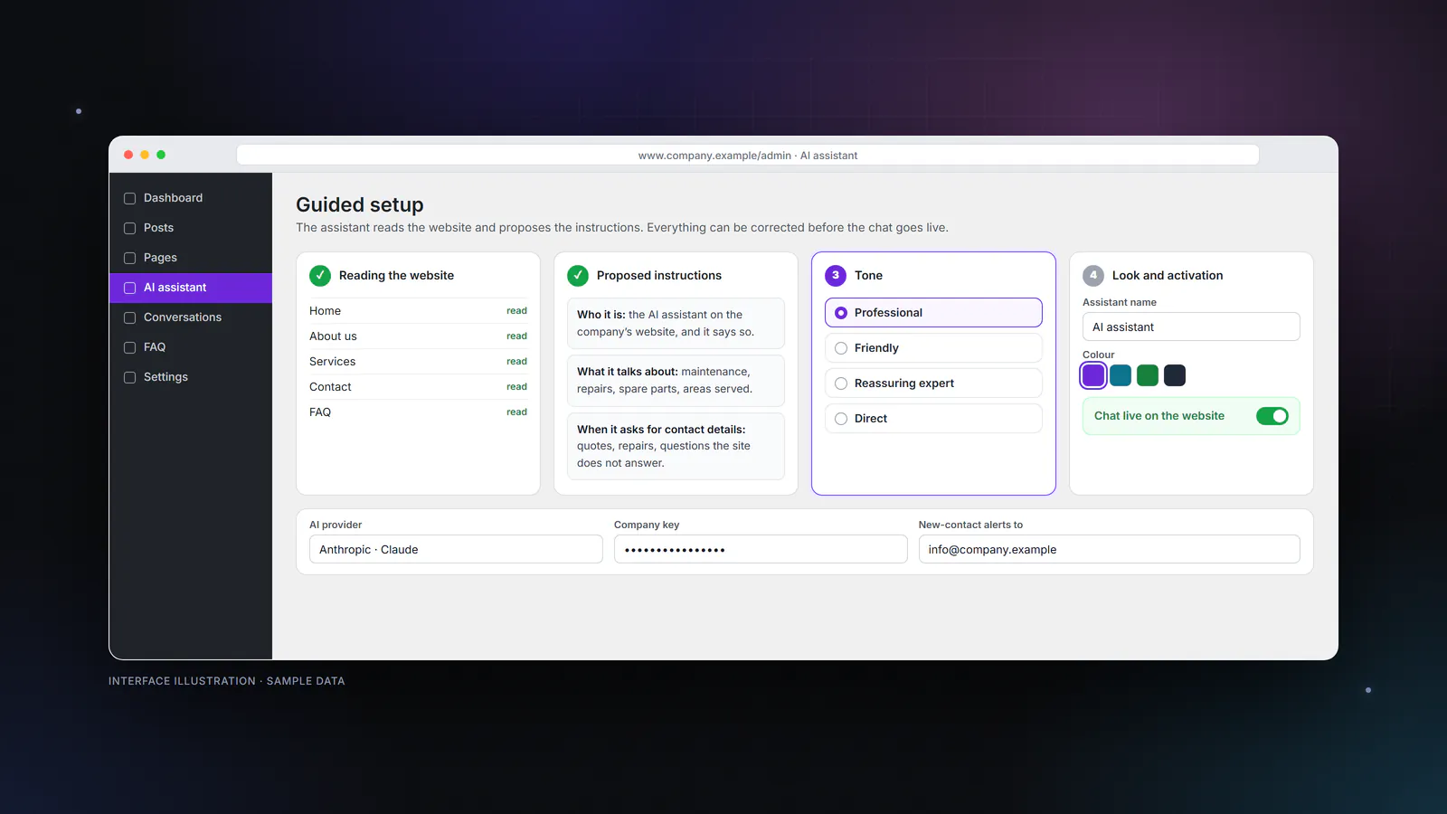 Illustration of the Autochatter setup wizard interface: reading the website, the suggested instructions and a choice of four tones