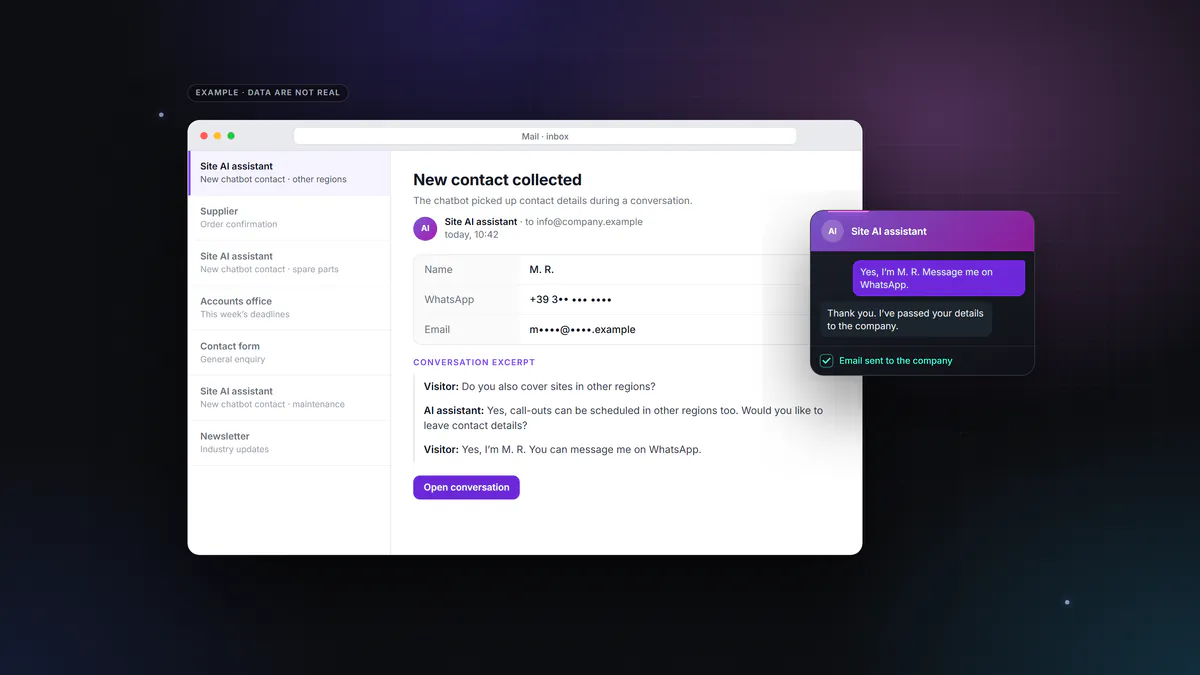 Graphic: the email for a new contact collected by the website chat, with the contact details, a button to open the conversation and an excerpt of the exchange