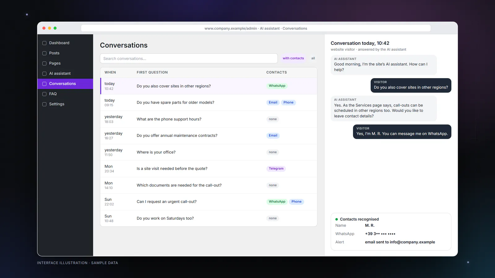 Illustration of the Autochatter dashboard interface in WordPress: the list of conversations, the detail of one chat and the contact details left by the visitor, with sample data