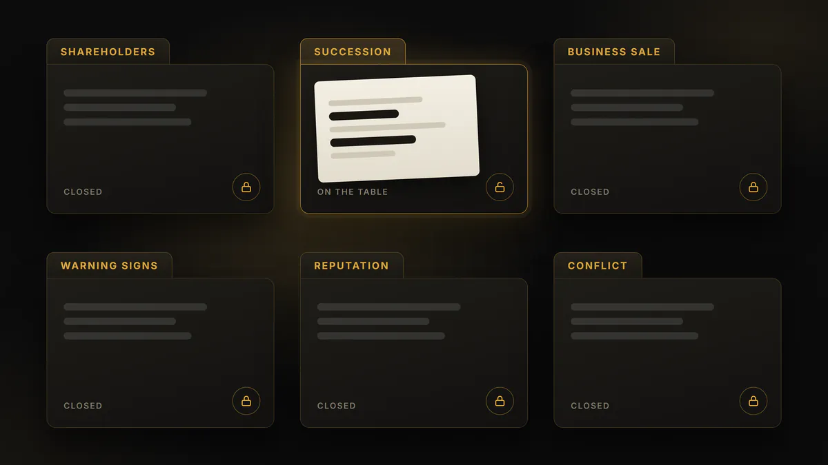 Black and gold illustration. Six closed folders labelled shareholders, succession, sale, warning signs, reputation and conflict. Only the succession folder lies open on the table.