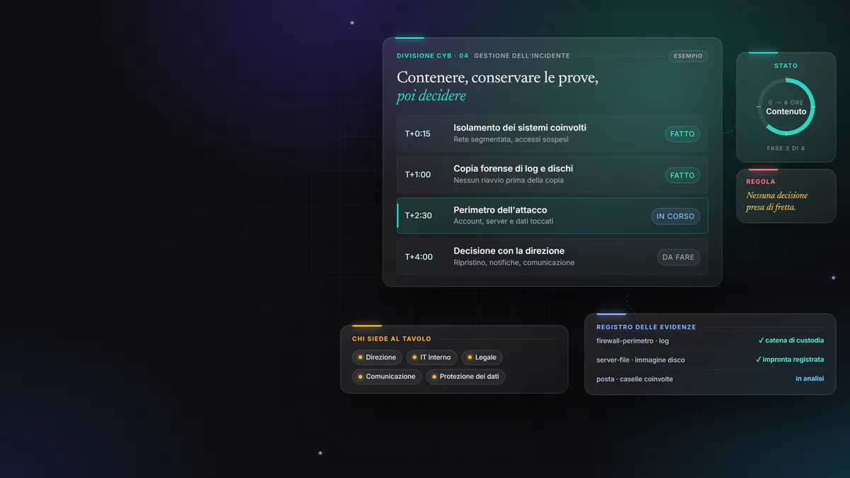 Composizione grafica d’esempio: cronologia delle prime ore di un incidente informatico, con isolamento dei sistemi, copia forense di log e dischi, perimetro dell’attacco e decisione con la direzione, accanto al registro delle evidenze e ai ruoli seduti al tavolo.