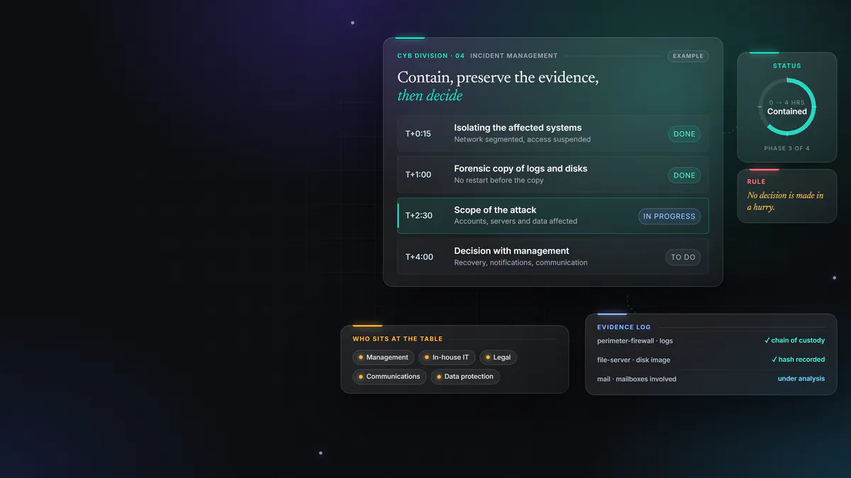 Example graphic: a timeline of the first hours of a cyber incident, with systems isolated, forensic copies of logs and disks, the scope of the attack and a decision taken with management, next to the evidence log and the roles seated around the table.