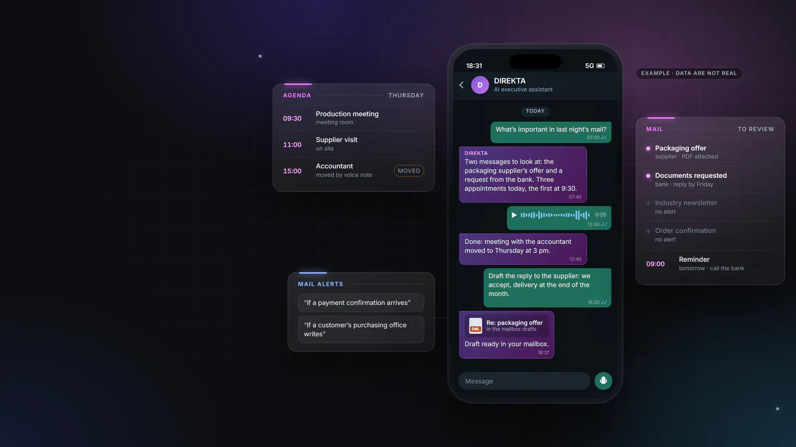 Illustration of the DIREKTA interface. A WhatsApp conversation with an email summary, a meeting moved with a voice note and a draft that is ready. Alongside it are the calendar, the alerts that have been set and the emails to look at.