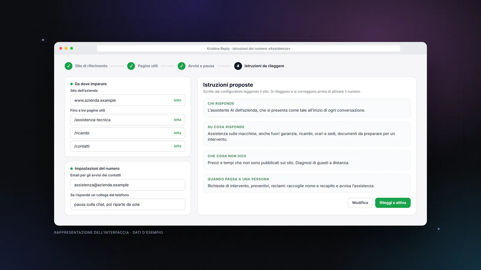 Rappresentazione dell’interfaccia del configuratore di Kristina Reply: il sito di riferimento, tre pagine utili, l’indirizzo per gli avvisi e le istruzioni proposte da rileggere