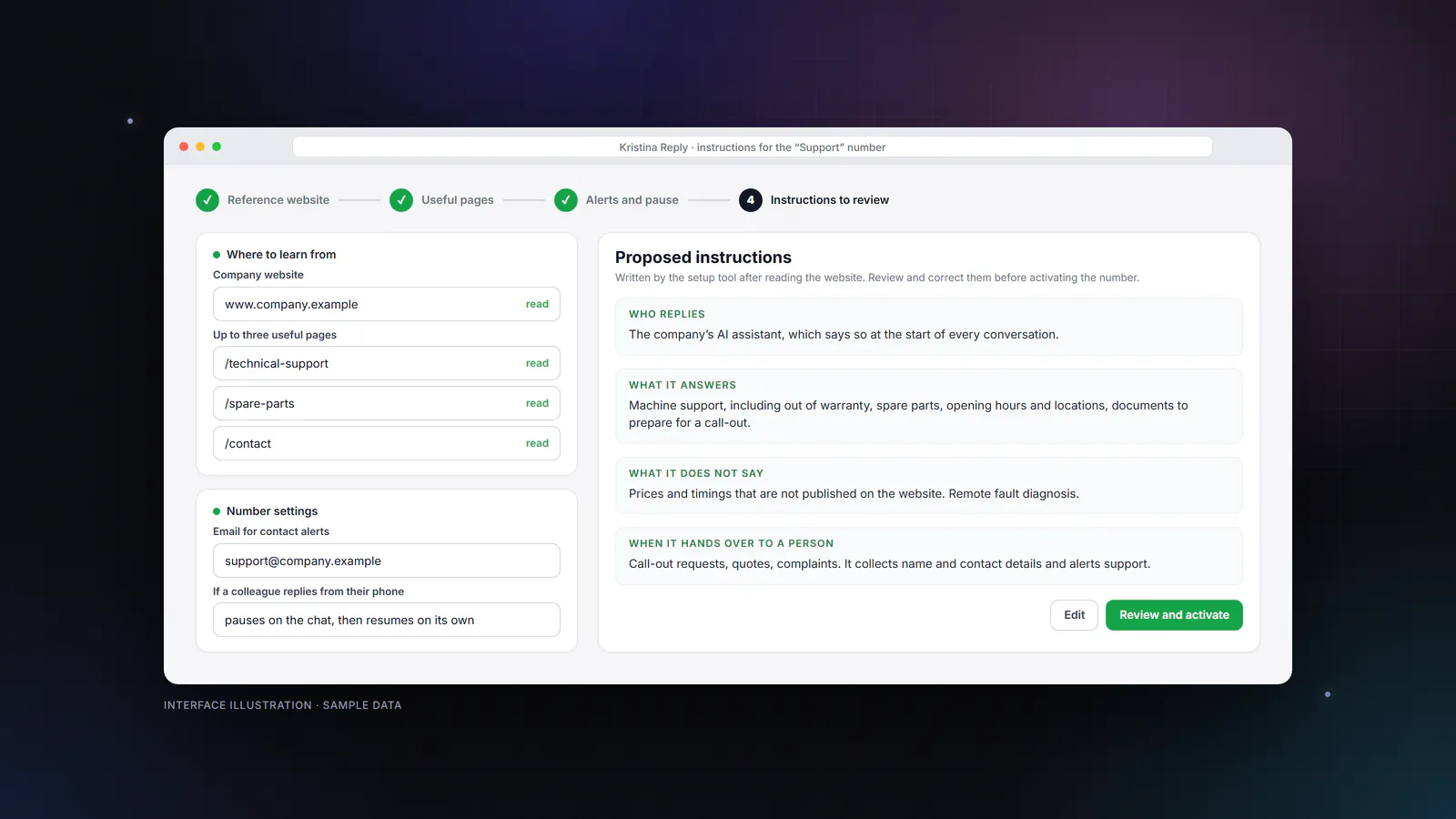 Illustration of the Kristina Reply setup tool. It shows the reference website, three useful pages, the address for alerts and the suggested instructions to review.