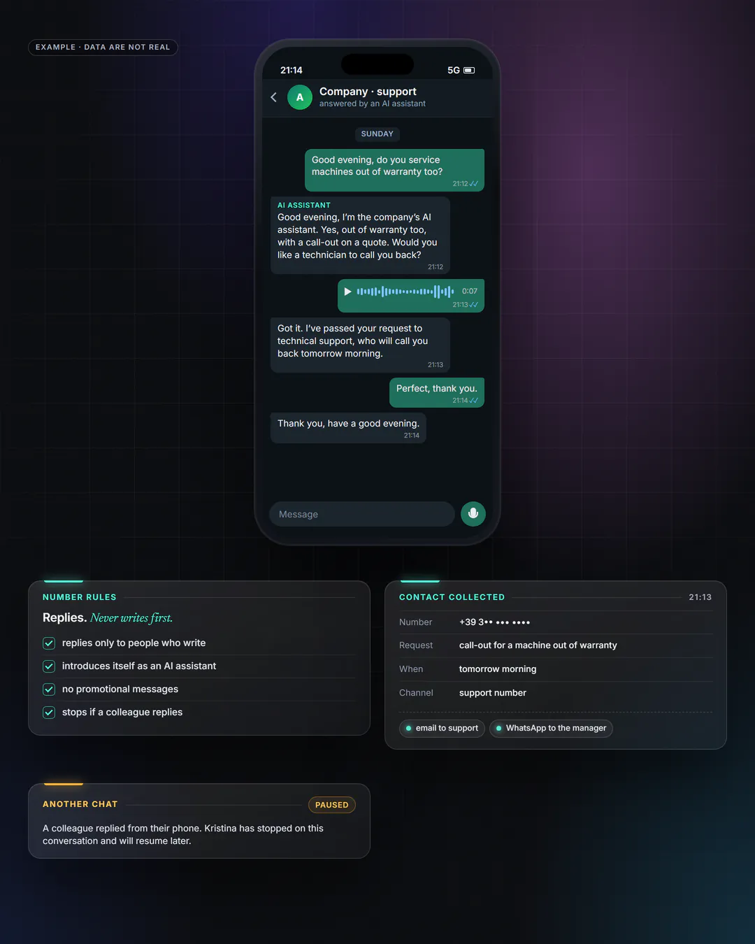 Illustration of the Kristina Reply interface. A WhatsApp conversation with the AI assistant’s reply.