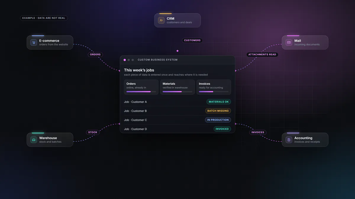 Graphic: a bespoke business application connected to e-commerce, warehouse, email and accounting