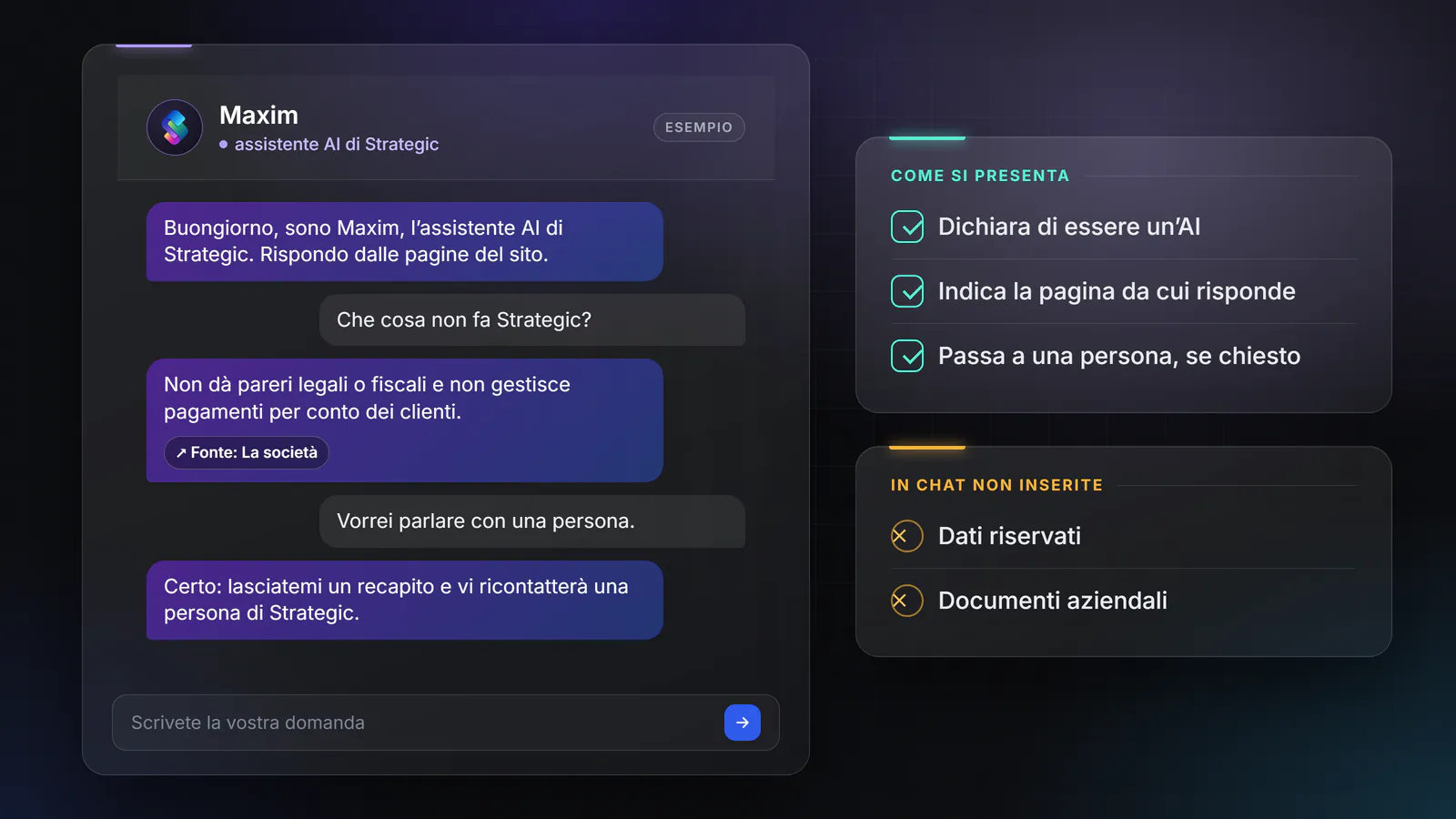 Esempio di conversazione: l’assistente si presenta come assistente AI di Strategic, risponde citando la pagina del sito da cui prende l’informazione e, a richiesta, fa ricontattare da una persona; accanto, come si presenta e che cosa non inserire in chat.