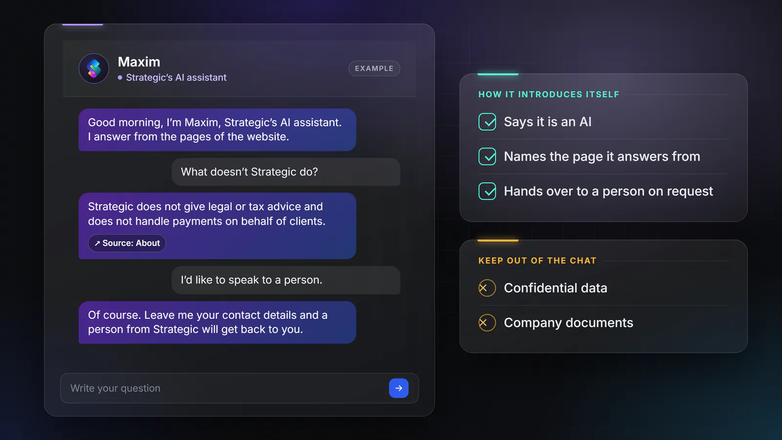 Example conversation. The assistant introduces itself as Strategic’s AI assistant, answers by citing the page of the site it takes the information from and, on request, arranges for a person to get back to you. Beside it, how it introduces itself and what not to put in the chat.
