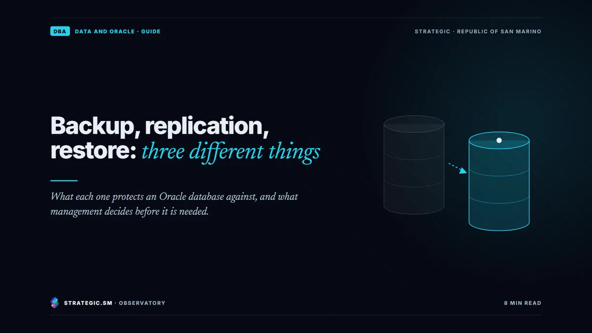 Cover: “Backup, replication, restore: three different things”, Data and Oracle